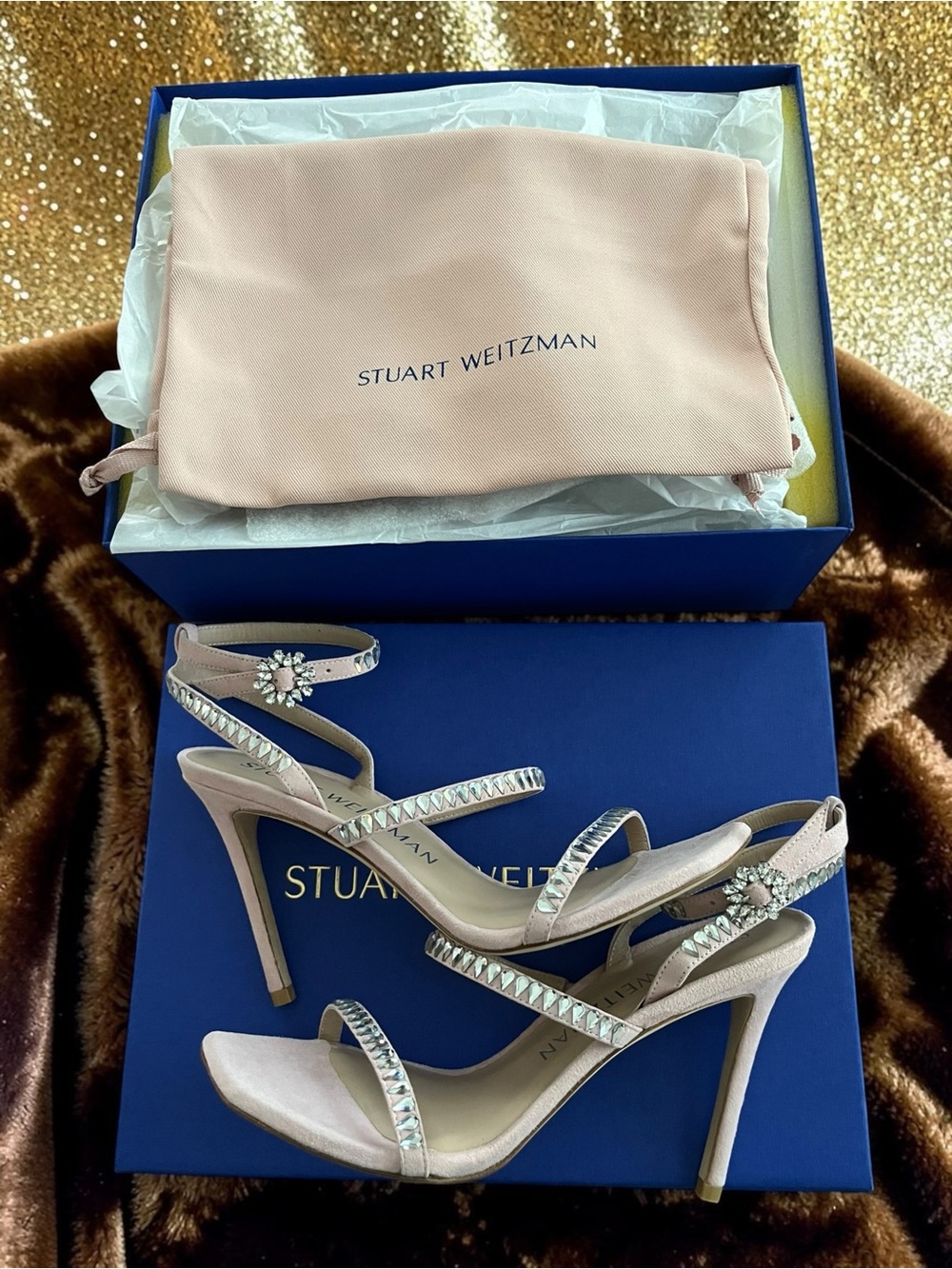 Stuart Weitzman Pink Crystal-Strap Stiletto Sandals ballet size 8.5 NIB - Picture 5 of 7